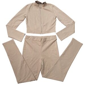 Capsulle 2-Piece Set Women Large Tan Excellent Zip Crop Jacket & Leggings Seam